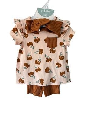 pl-baby 3 Piece Set Floral Peach & Rust Baby Outfit with Bow 18 Months New